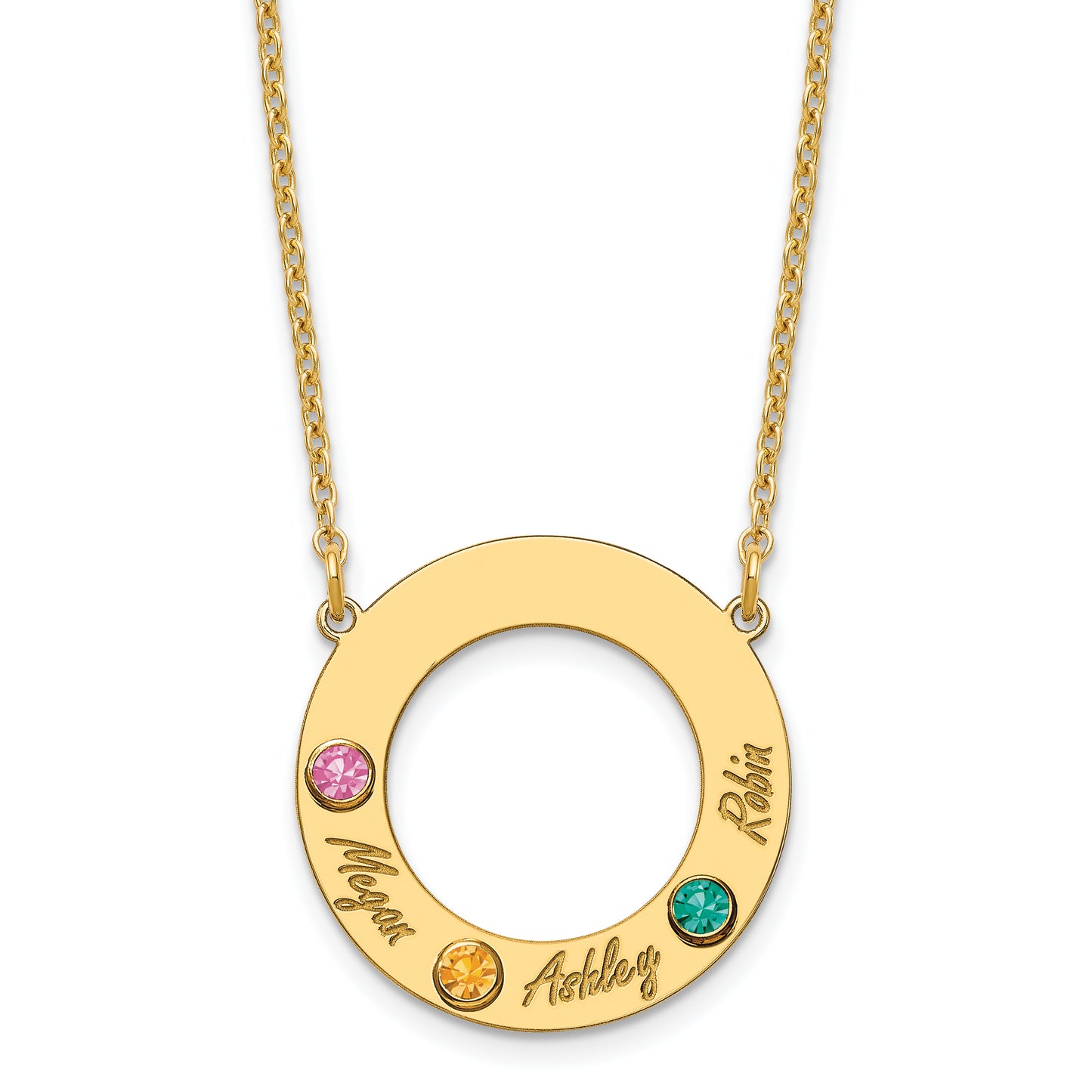 Sterling Silver Gold Plated 3 Name and Birthstone Cut Out Circle Necklace