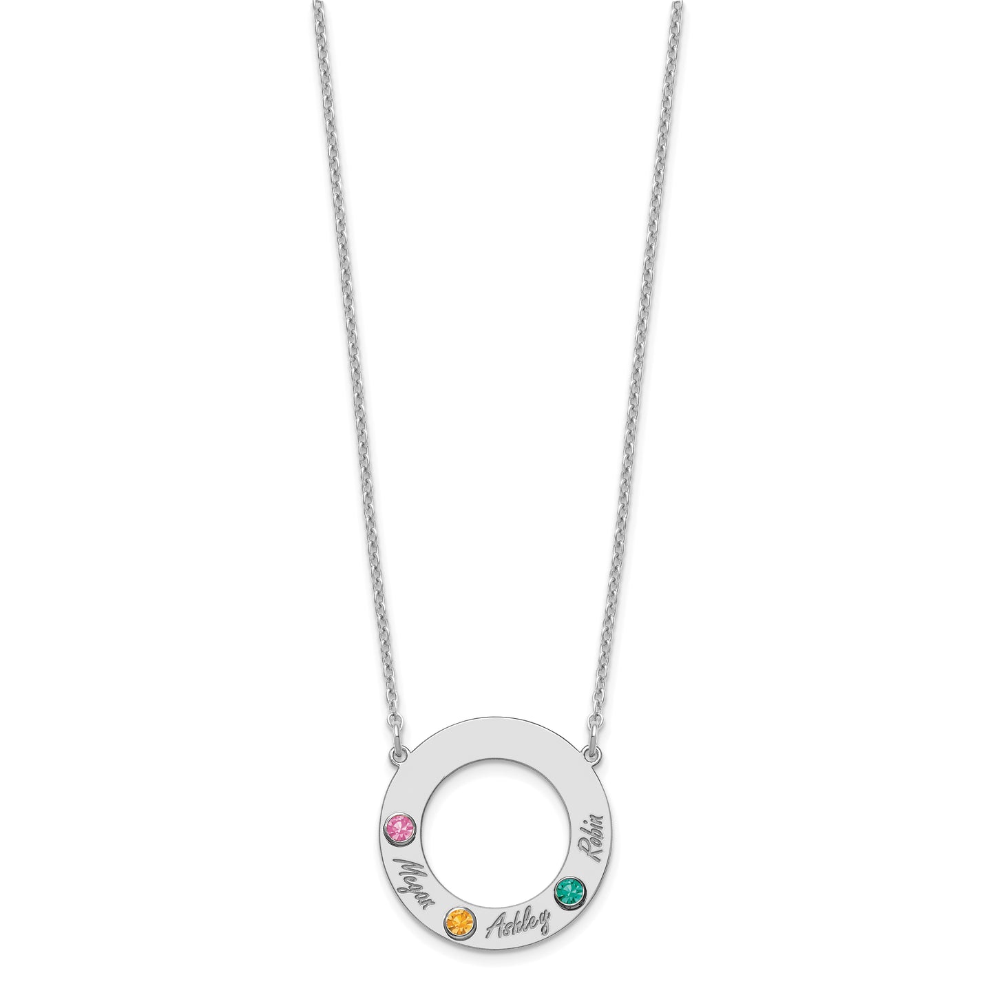 Sterling Silver Rhodium plated 3 Name and Birthstone Cut Out Circle Necklace