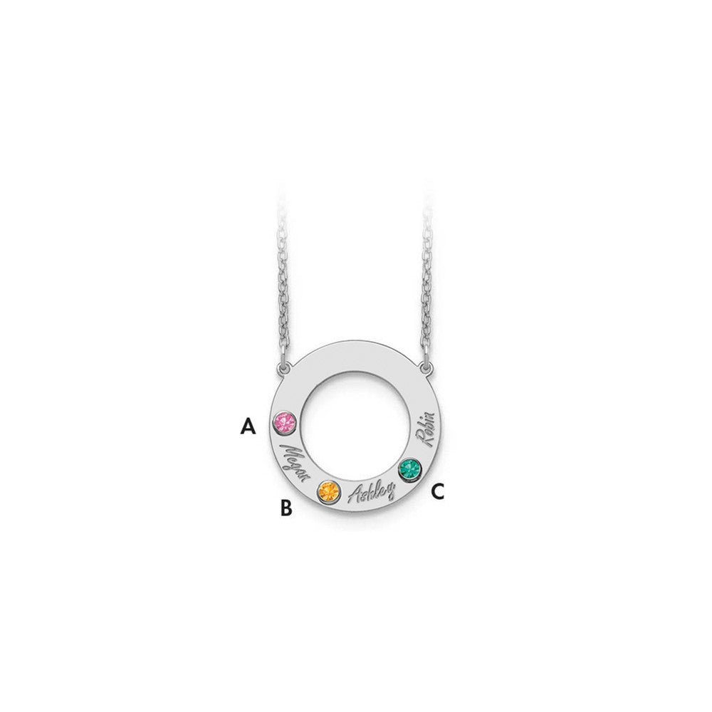 Sterling Silver Rhodium plated 3 Name and Birthstone Cut Out Circle Necklace