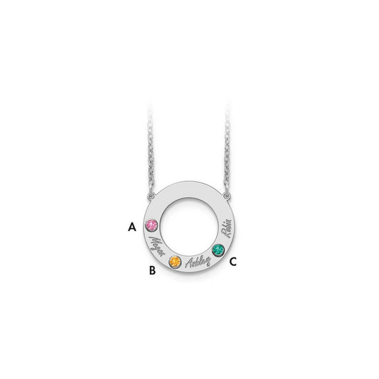 14K White Gold 3 Name & Birthstone with 18k Rhodium Plated Bezel Circle Necklace