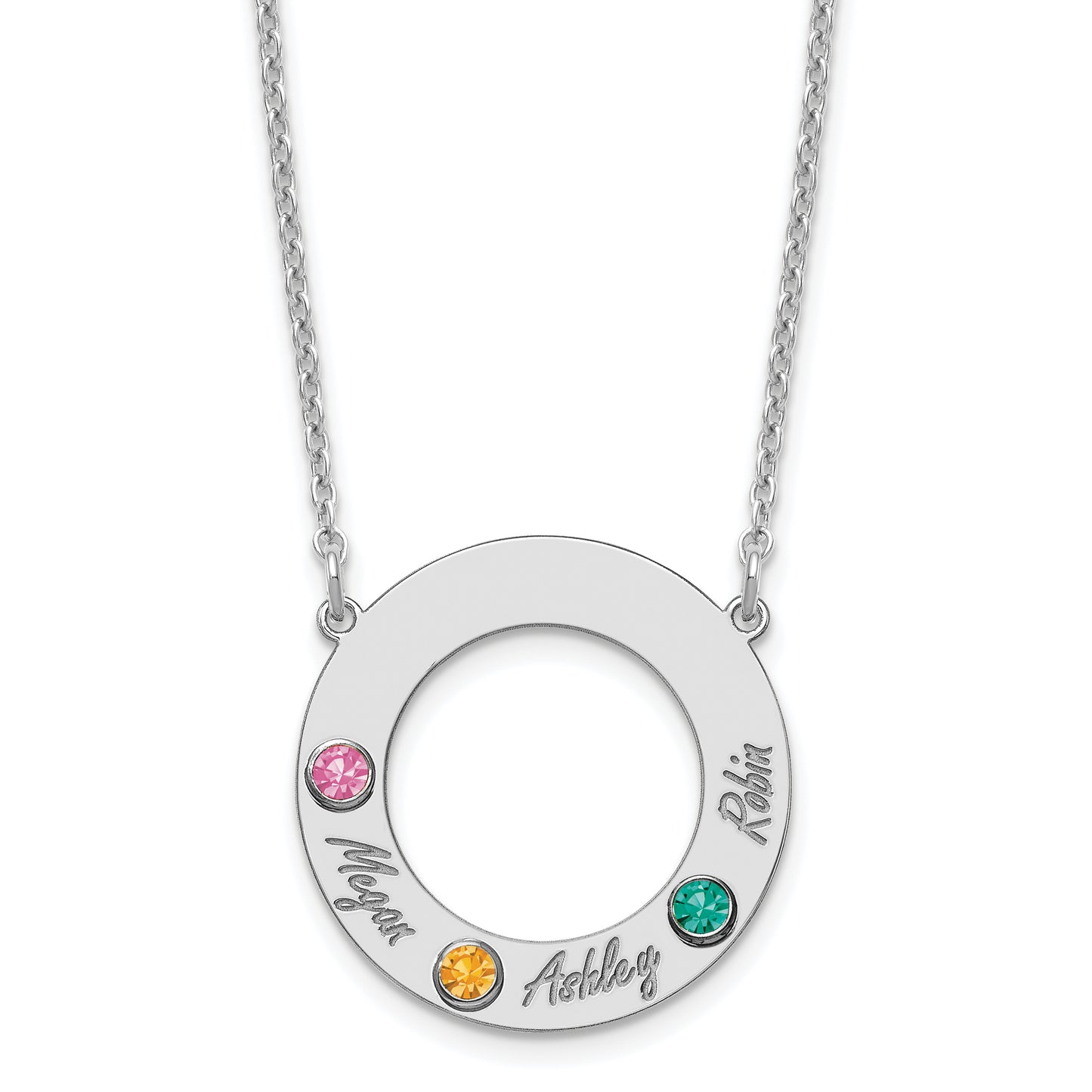 Sterling Silver Rhodium plated 3 Name and Birthstone Cut Out Circle Necklace