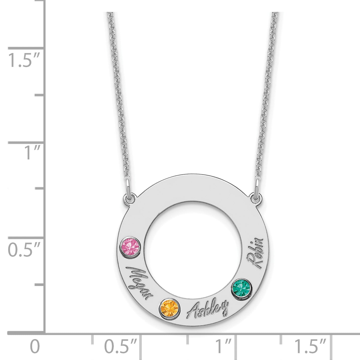 14K White Gold 3 Name & Birthstone with 18k Rhodium Plated Bezel Circle Necklace