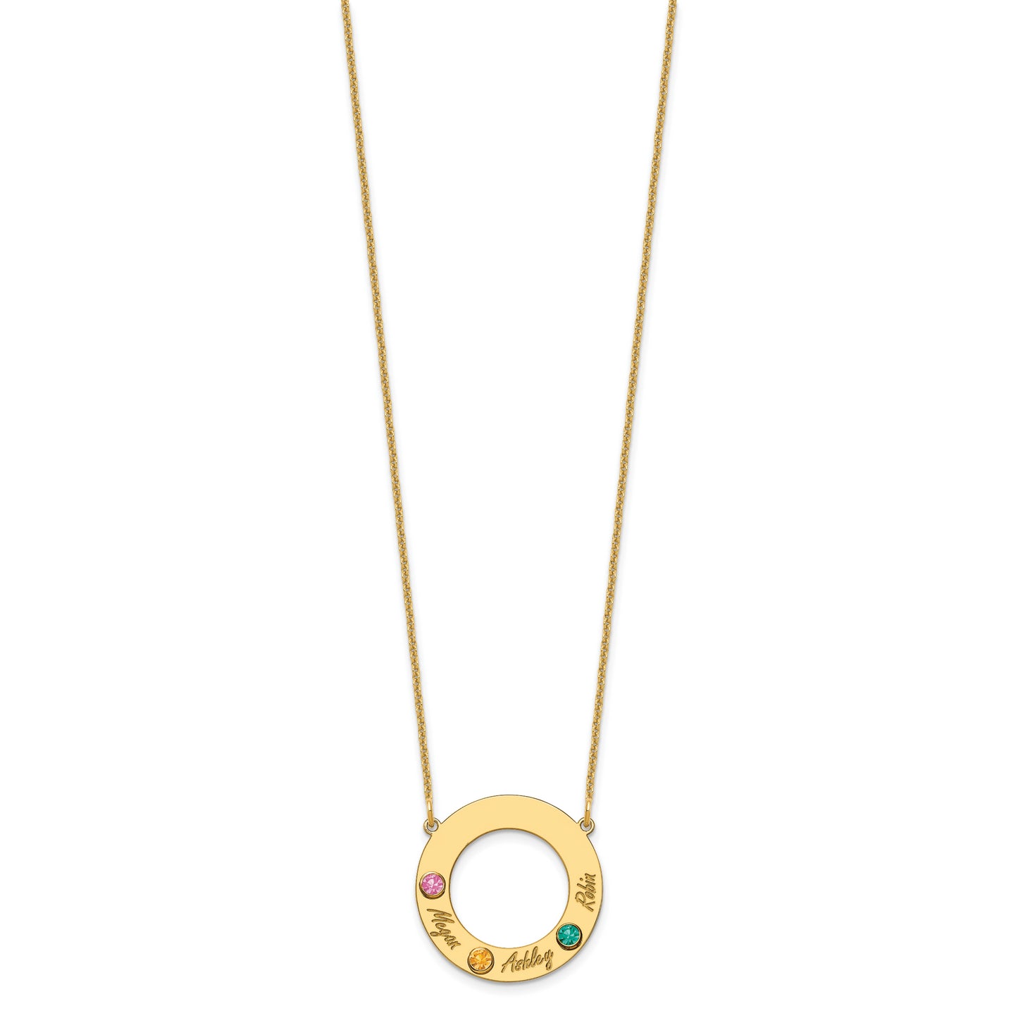 14K Yellow Gold 3 Name and Birthstone w/ 14k Bezel Cut Out Circle Necklace