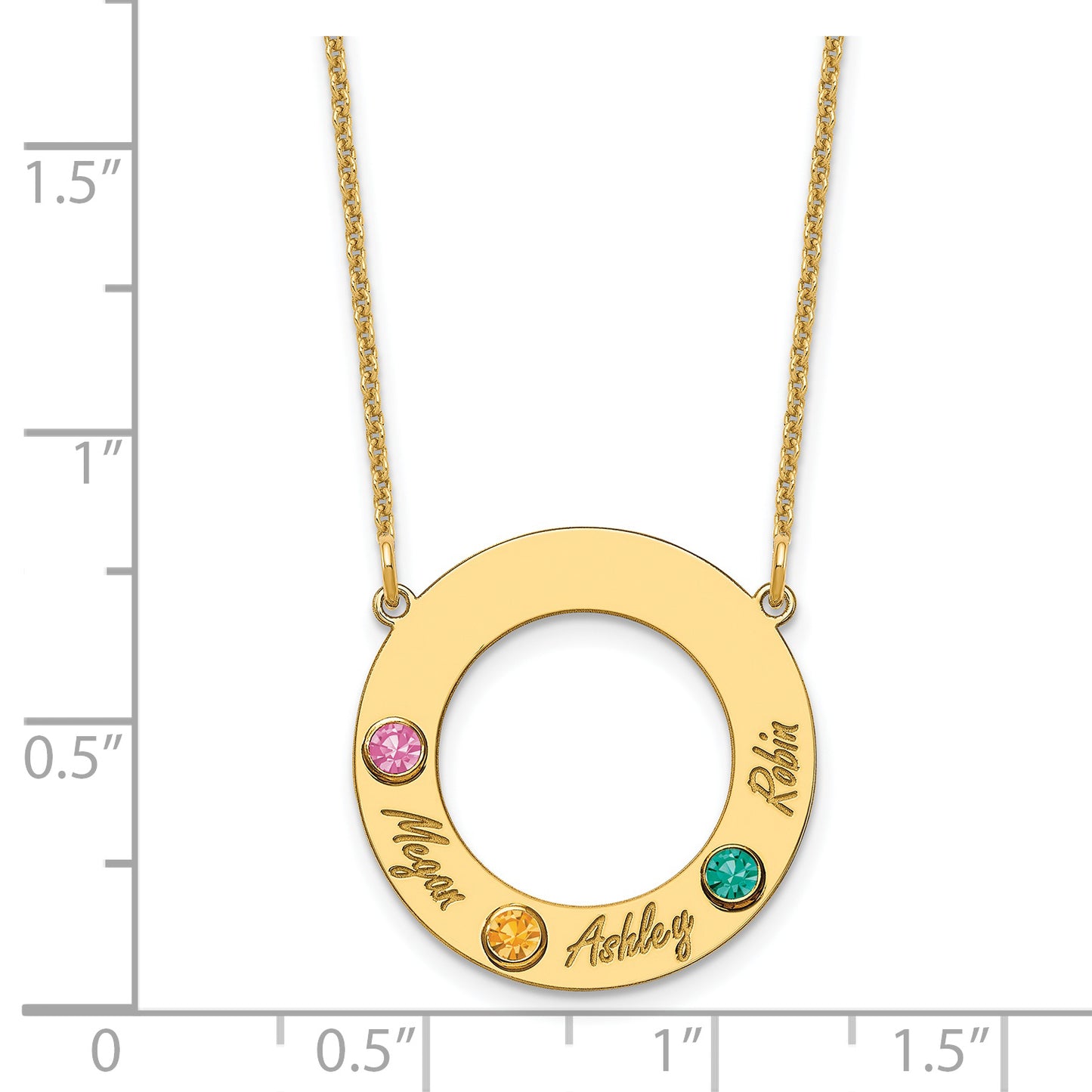 14K Yellow Gold 3 Name and Birthstone w/ 14k Bezel Cut Out Circle Necklace