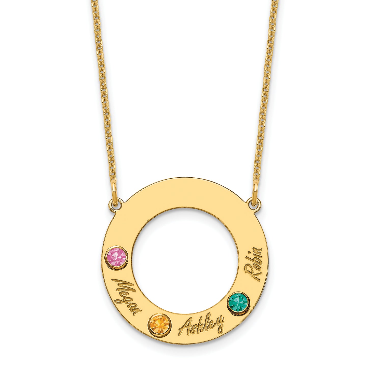 14K Yellow Gold 3 Name and Birthstone w/ 14k Bezel Cut Out Circle Necklace