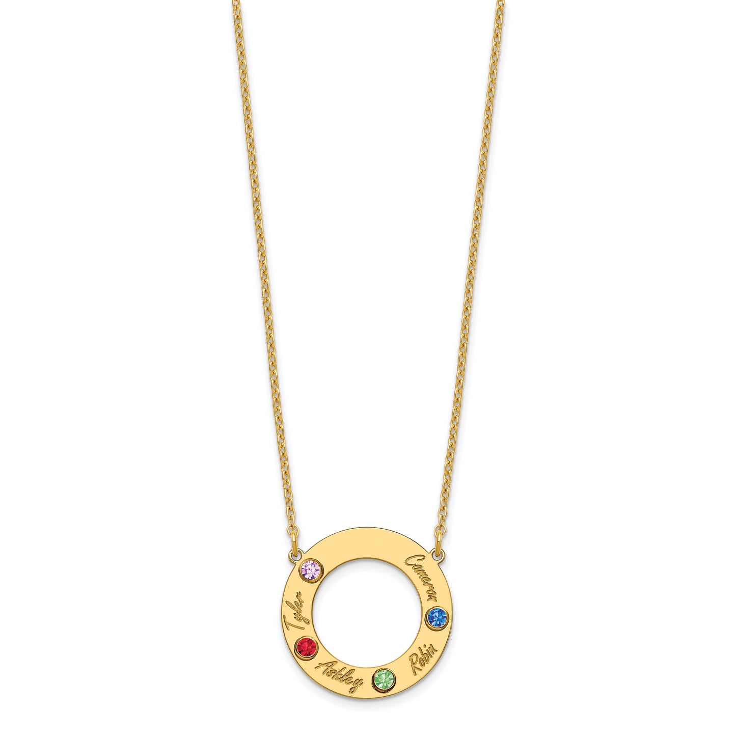 Sterling Silver Gold Plated 4 Name and Birthstone Cut Out Circle Necklace