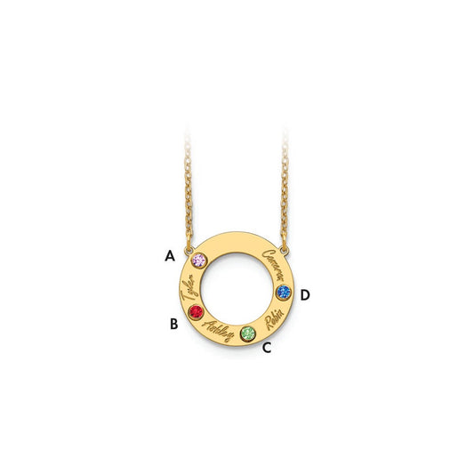 10K Yellow Gold 4 Name and Birthstone w/ 14k Bezel Cut Out Circle Necklace