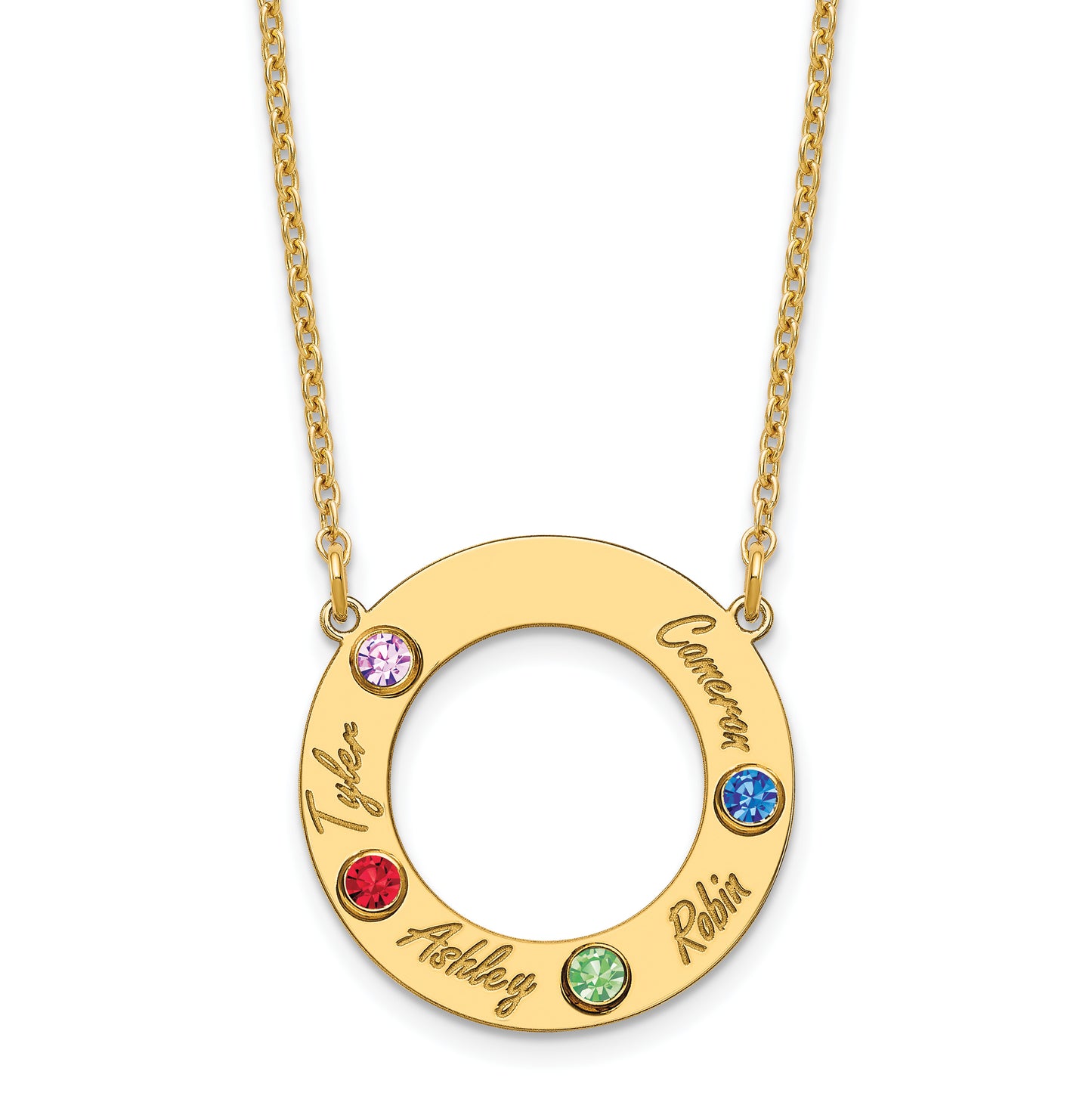 Sterling Silver Gold Plated 4 Name and Birthstone Cut Out Circle Necklace