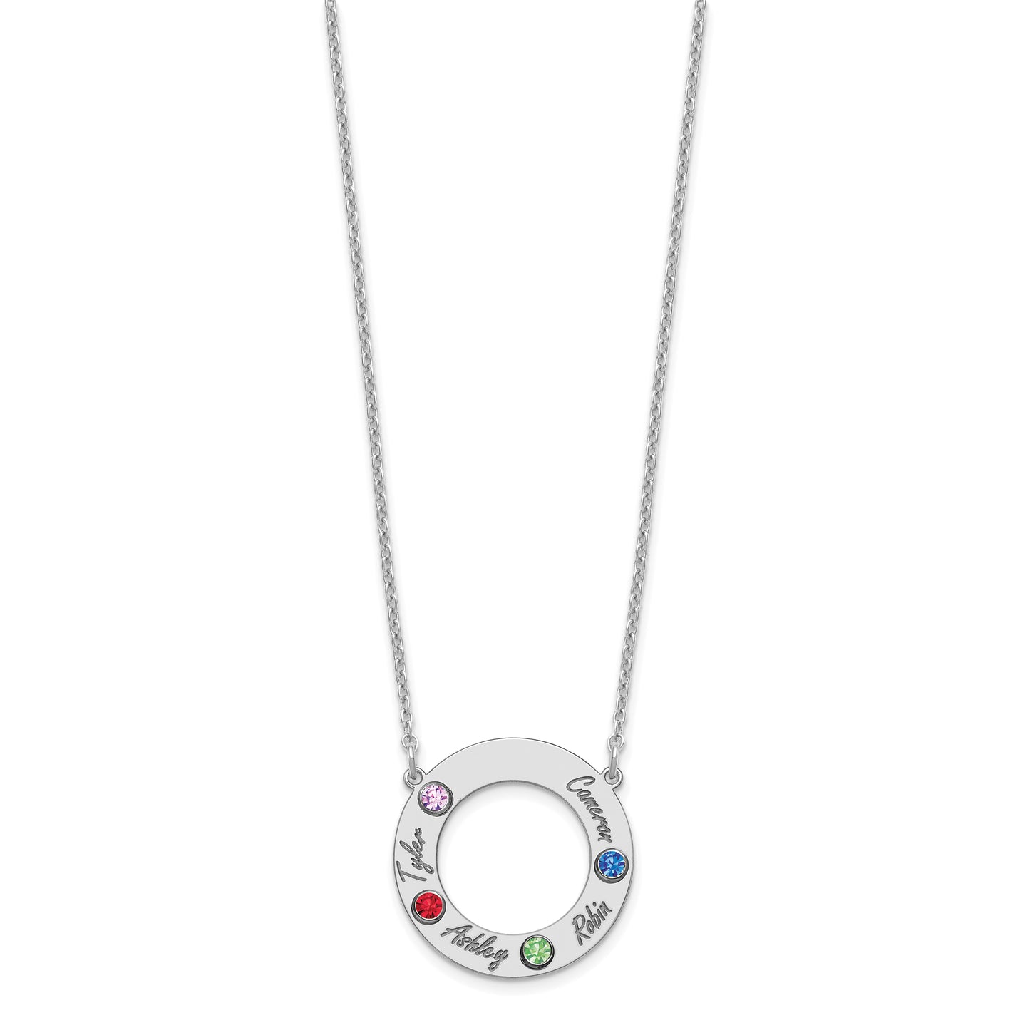 Sterling Silver Rhodium plated 4 Name and Birthstone Cut Out Circle Necklace