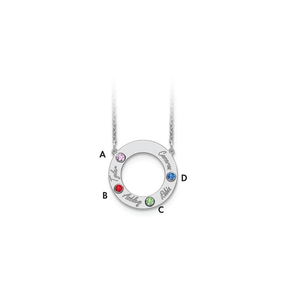 Sterling Silver Rhodium plated 4 Name and Birthstone Cut Out Circle Necklace