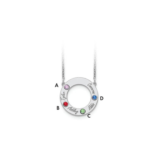 10K White Gold 4 Name and Birthstone with 14k Bezel Cut Out Circle Necklace