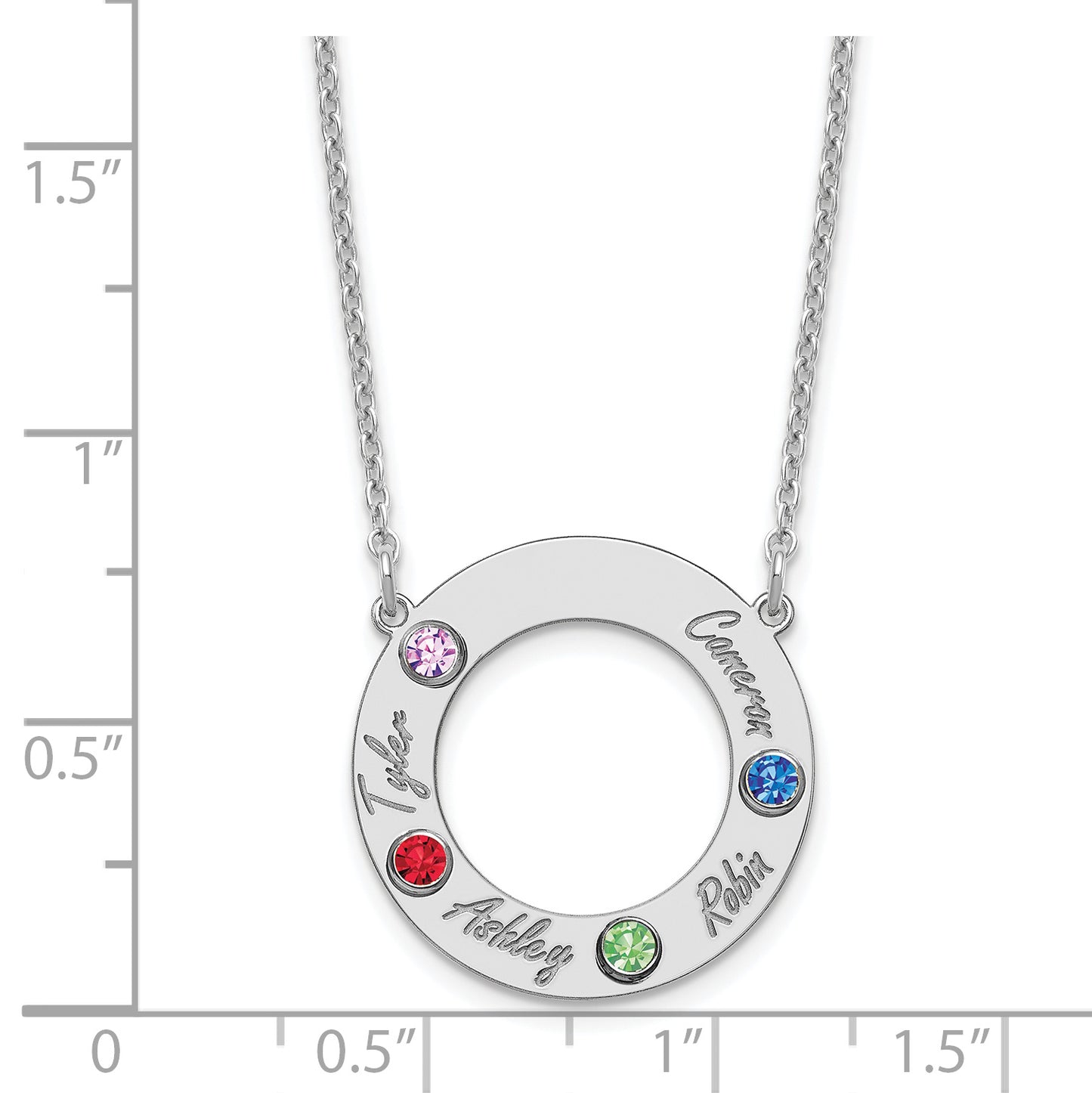 Sterling Silver Rhodium plated 4 Name and Birthstone Cut Out Circle Necklace