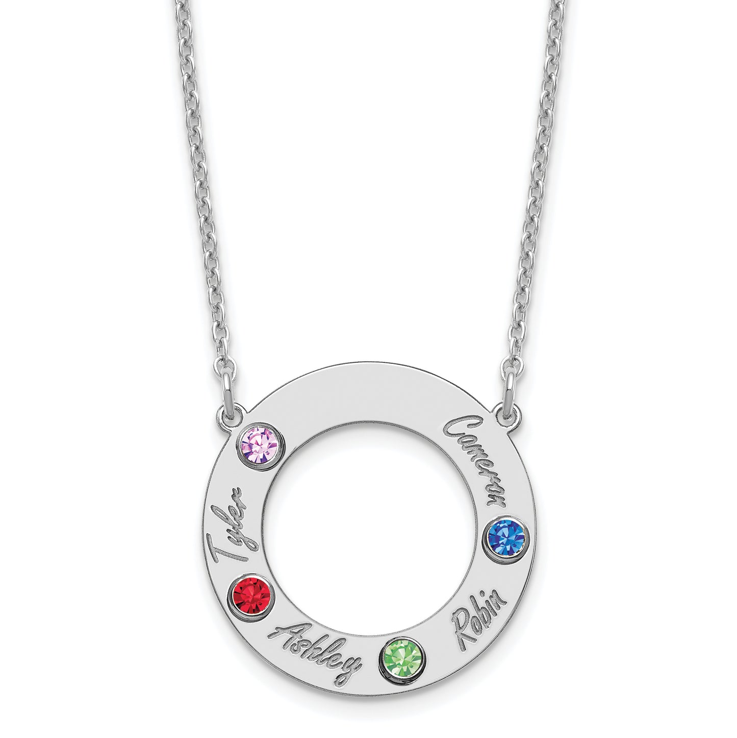 Sterling Silver Rhodium plated 4 Name and Birthstone Cut Out Circle Necklace