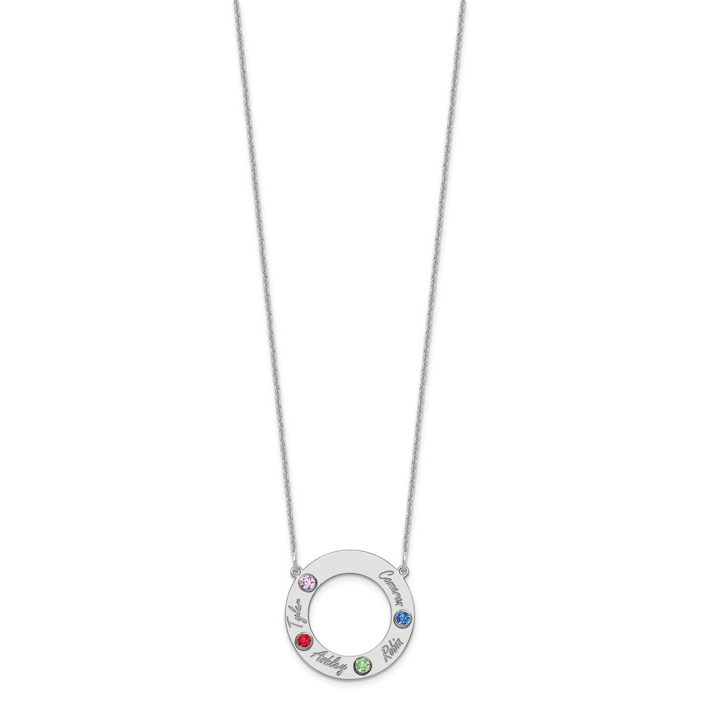 14K White Gold 4 Name & Birthstone with 14k Rhodium Plated Bezel Circle Necklace