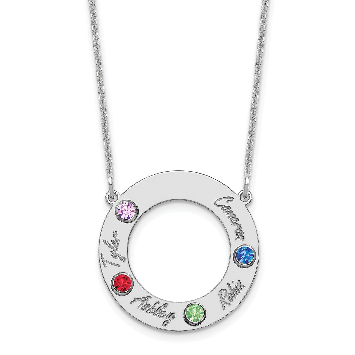 14K White Gold 4 Name & Birthstone with 14k Rhodium Plated Bezel Circle Necklace
