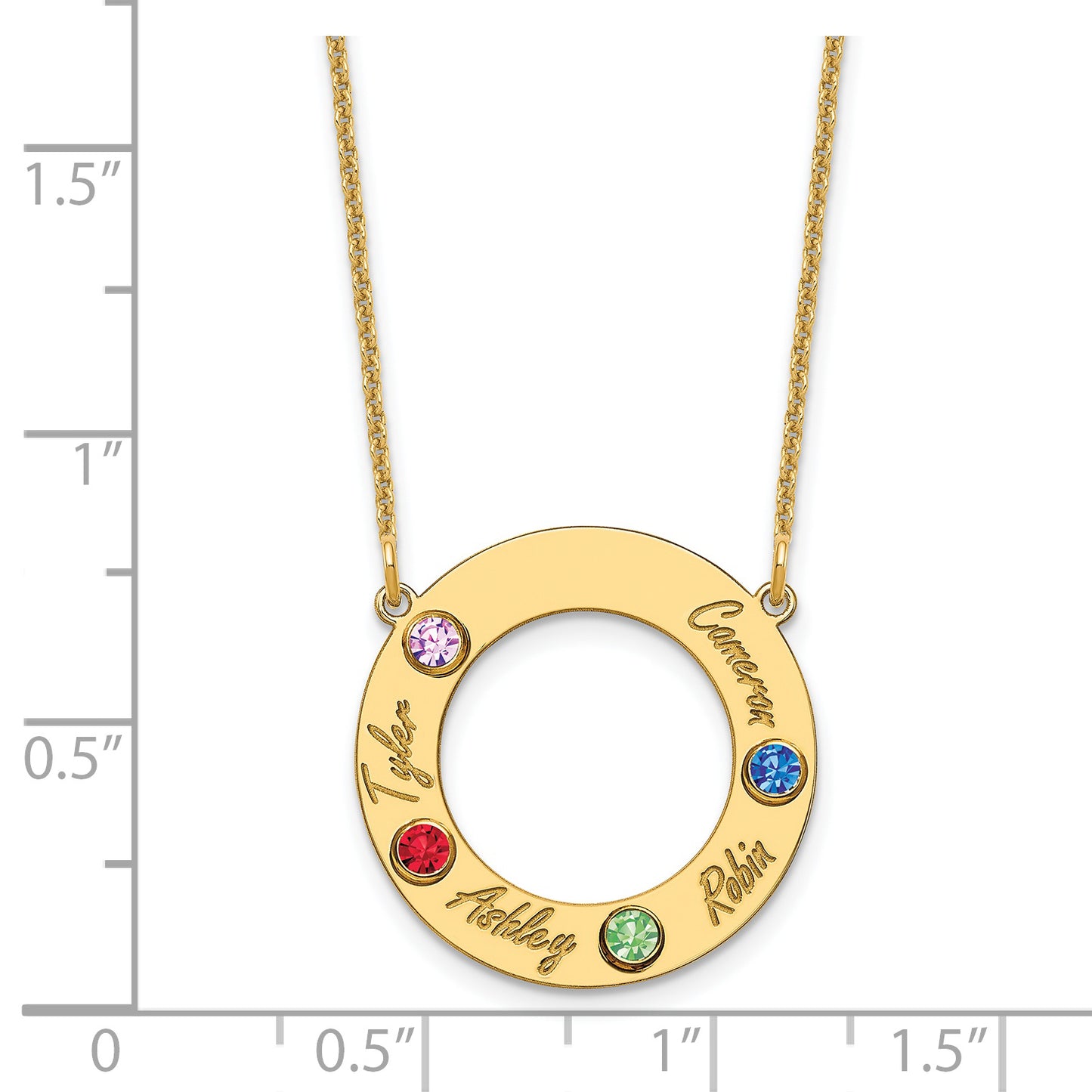 14K Yellow Gold 4 Name and Birthstone w/ 14k Bezel Cut Out Circle Necklace