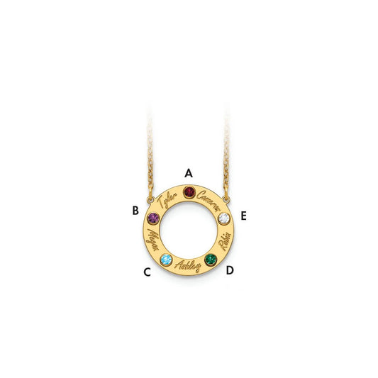 10K Yellow Gold 5 Name and Birthstone w/ 14k Bezel Cut Out Circle Necklace