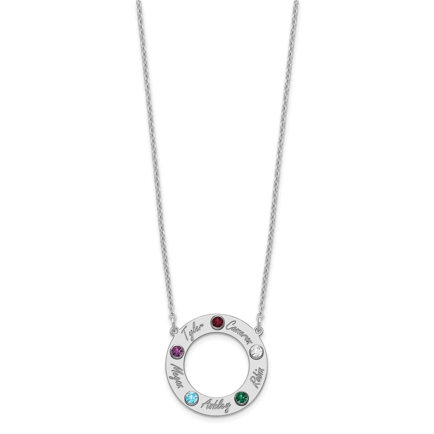 Sterling Silver Rhodium plated 5 Name and Birthstone Cut Out Circle Necklace