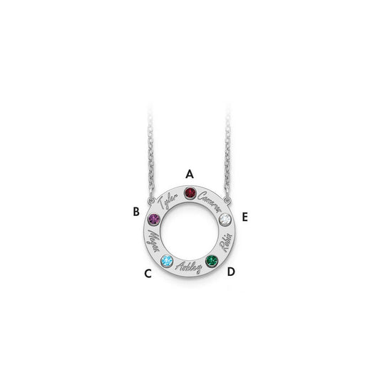 14K White Gold 5 Name & Birthstone with 18k Rhodium Plated Bezel Circle Necklace