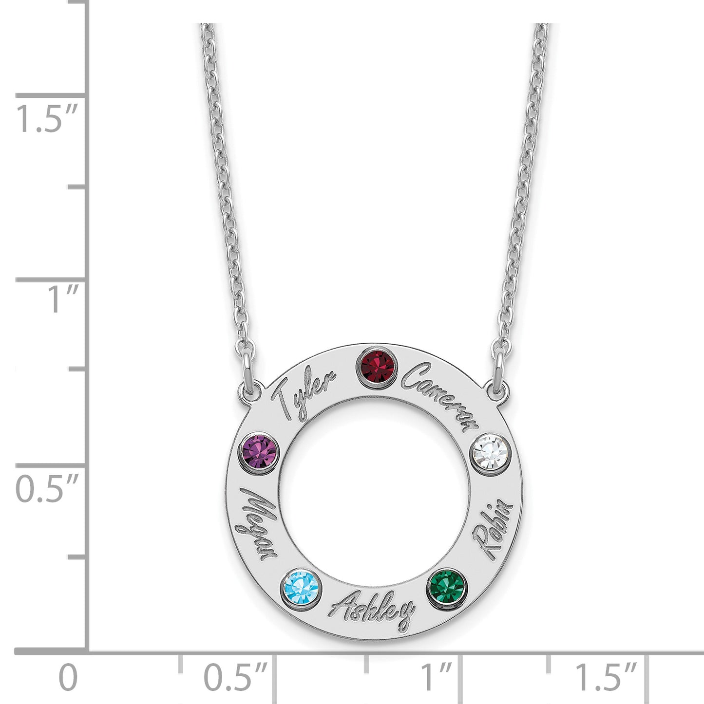Sterling Silver Rhodium plated 5 Name and Birthstone Cut Out Circle Necklace