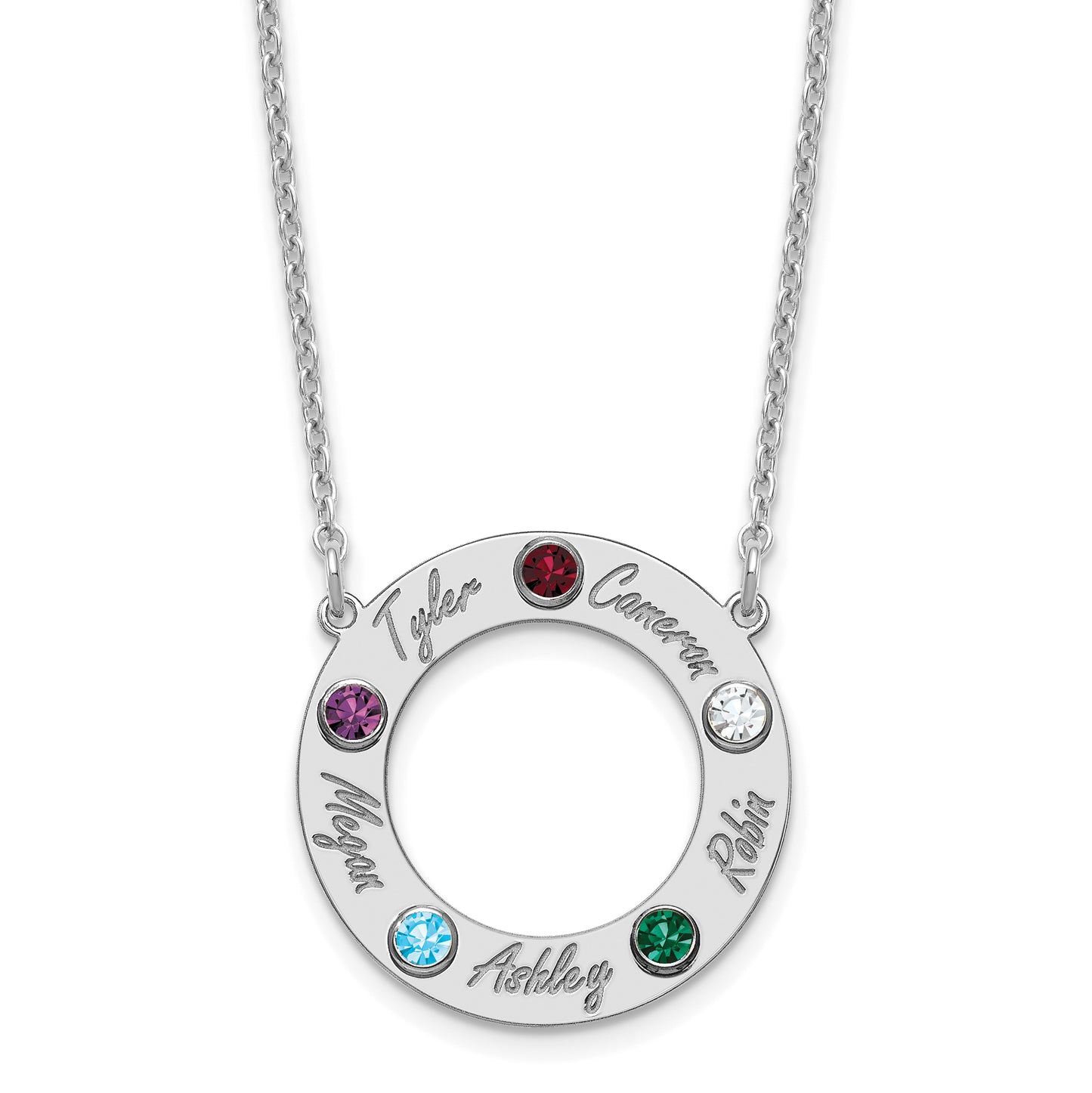 Sterling Silver Rhodium plated 5 Name and Birthstone Cut Out Circle Necklace