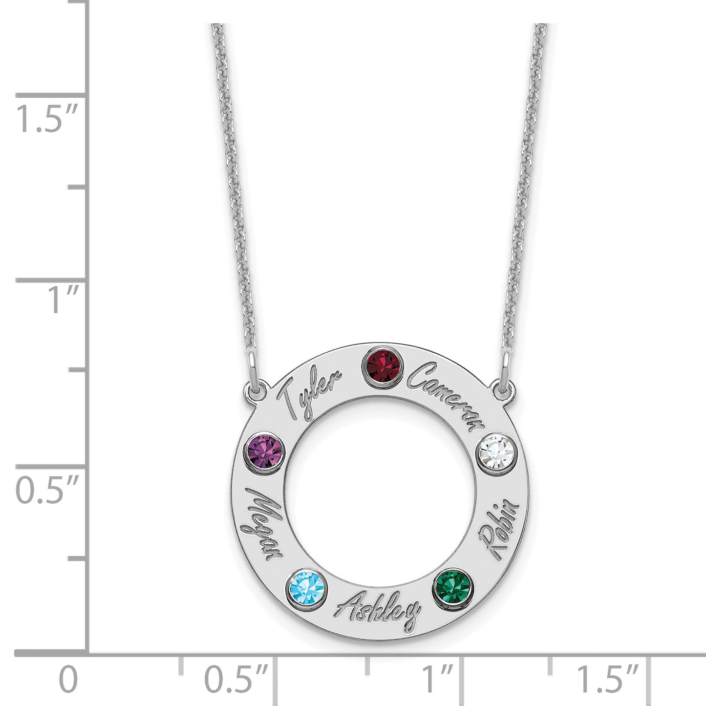 14K White Gold 5 Name & Birthstone with 18k Rhodium Plated Bezel Circle Necklace