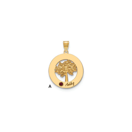 10K Yellow Gold Family Tree in Circle 1 Name and Birthstone w/ 14k Bezel Pendant
