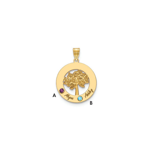 10K Yellow Gold Family Tree in Circle 2 Names and Birthstones w/ 14k Bezel Pendant
