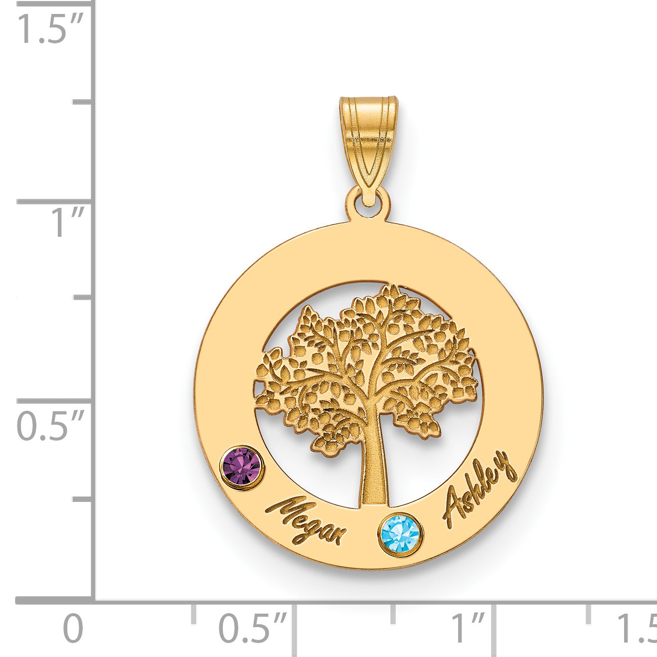 Sterling Silver Gold Plated Family Tree in Circle with 2 Names and Birthstones Pendant