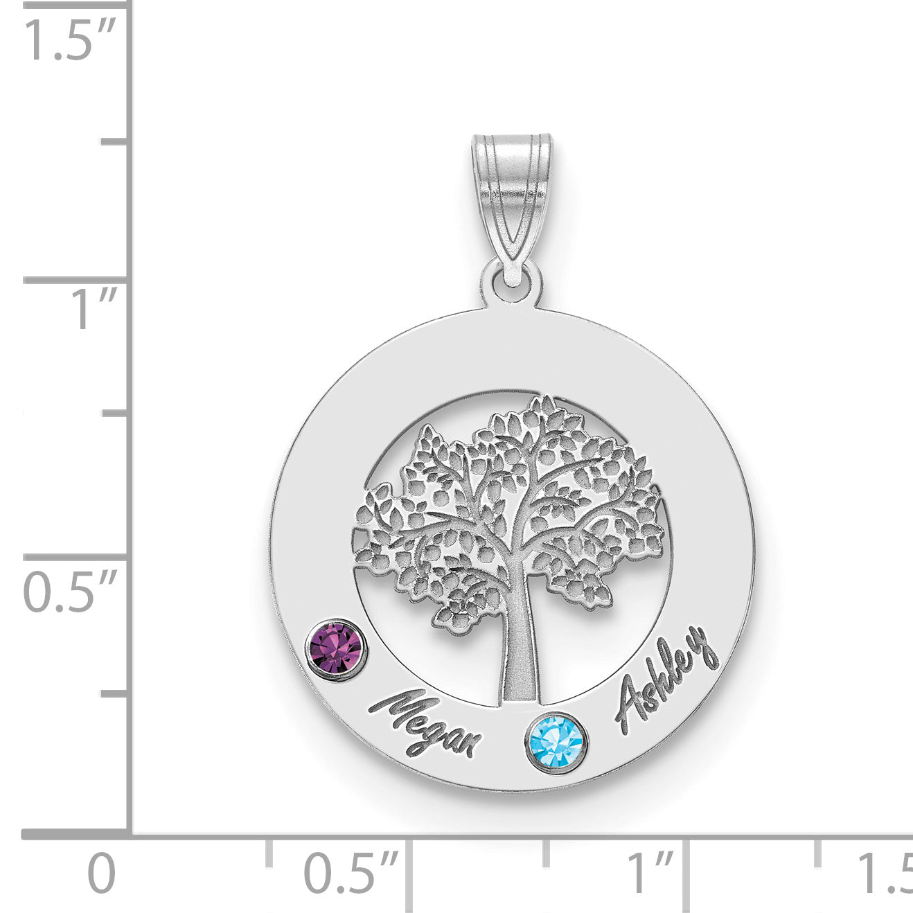 Sterling Silver Rhodium plated Family Tree in Circle with 2 Names and Birthstones Pendant