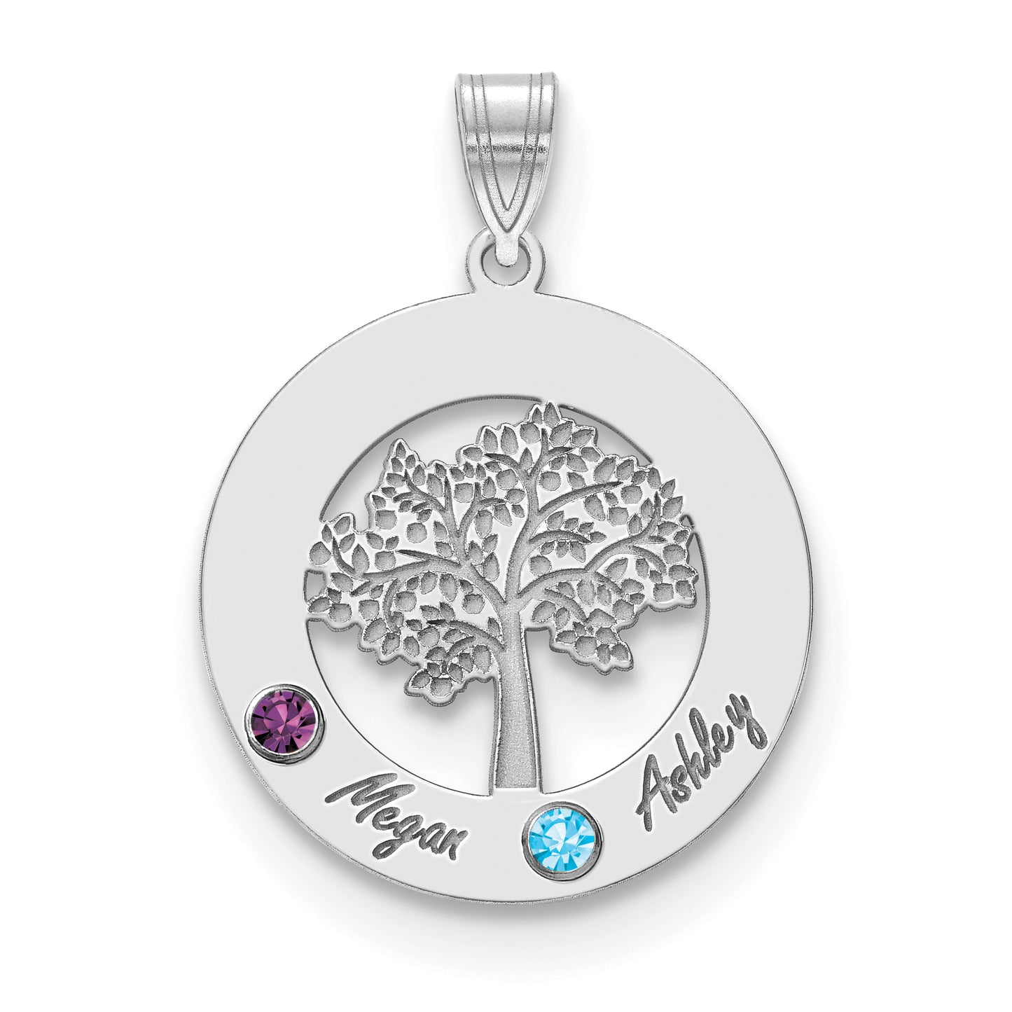 10K White Gold Family Tree in Circle 2 Names and Birthstones with 14k Bezel Pendant