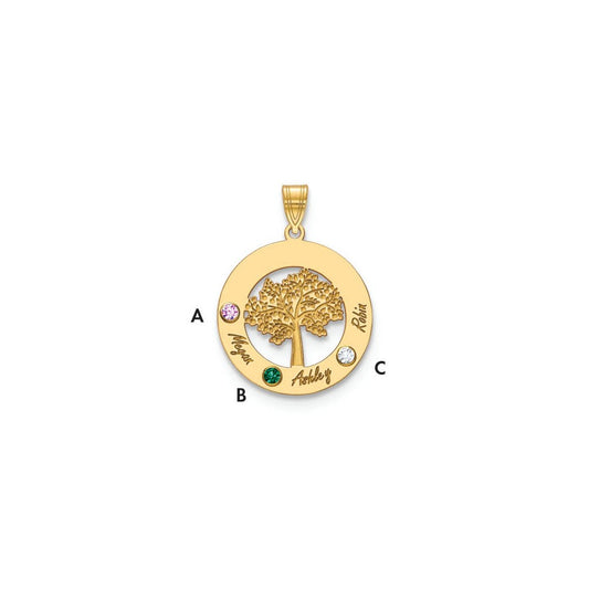 10K Yellow Gold Family Tree in Circle 3 Names and Birthstones w/ 14k Bezel Pendant