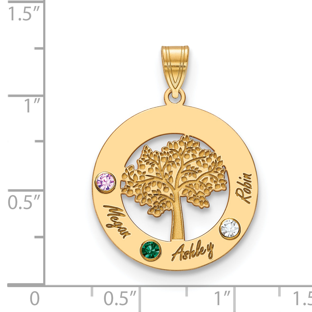 Sterling Silver Gold Plated Family Tree in Circle with 3 Names and Birthstones Pendant