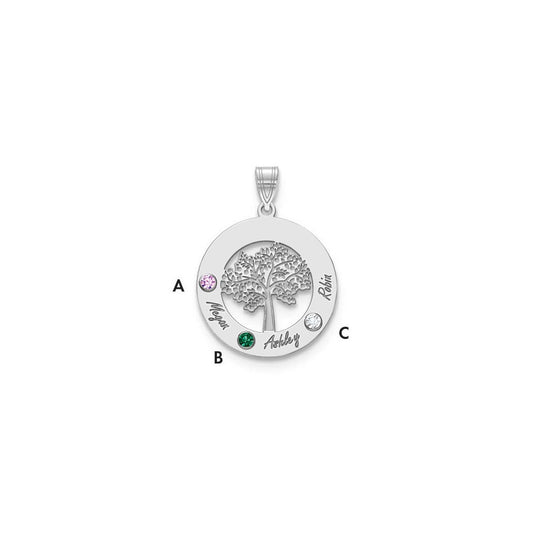 10K White Gold Family Tree in Circle 3 Names and Birthstones with 14k Bezel Pendant