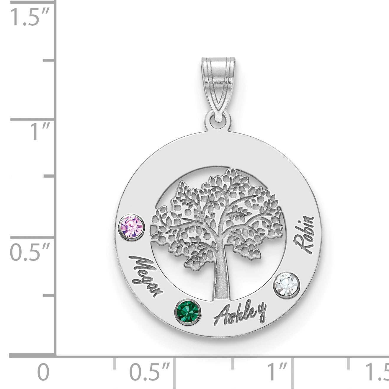 Sterling Silver Rhodium plated Family Tree in Circle with 3 Names and Birthstones Pendant