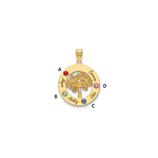 10K Yellow Gold Family Tree in Circle 4 Names and Birthstones w/ 14k Bezel Pendant
