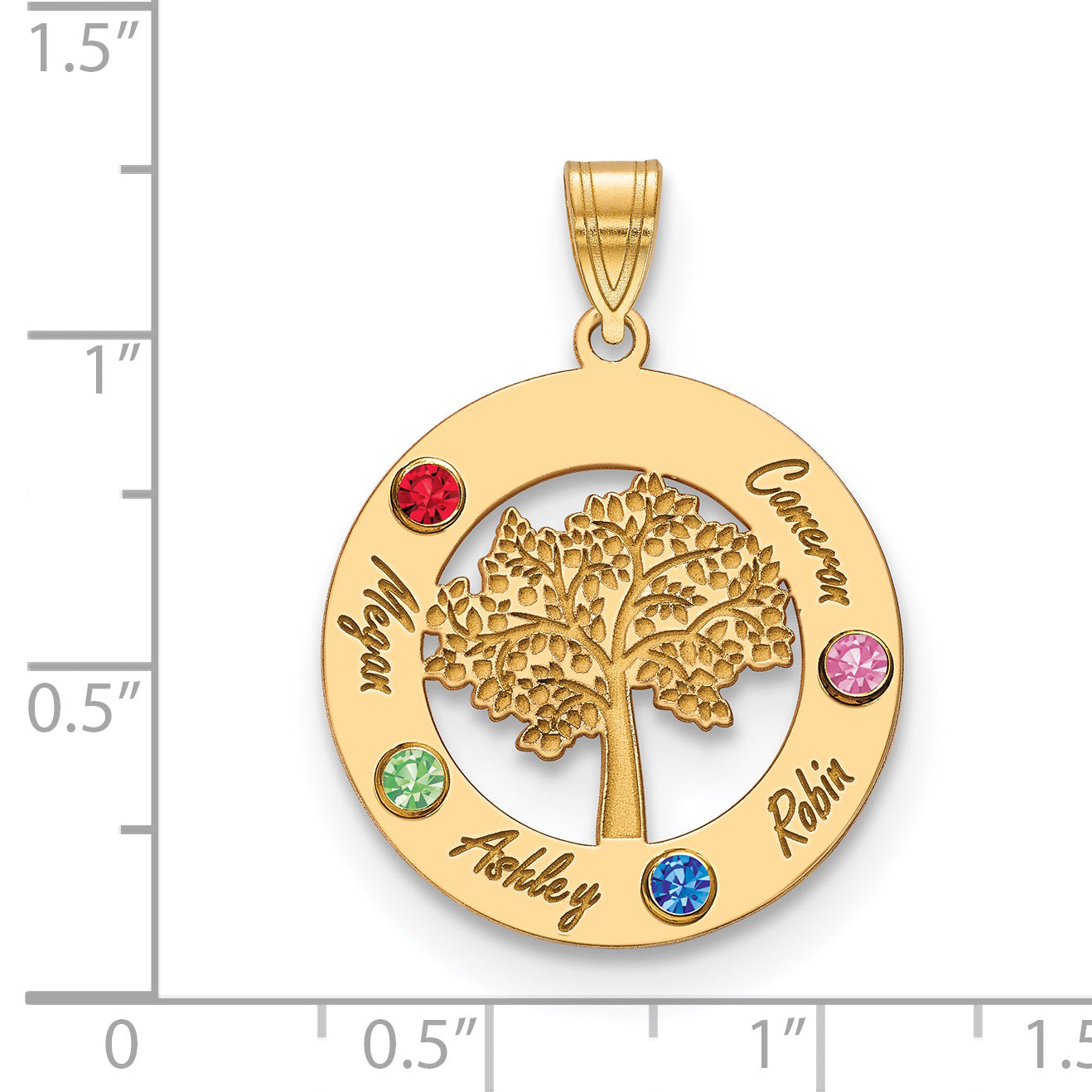 14K Yellow Gold Family Tree in Circle 4 Names and Birthstones w/ 14k Bezel Pendant