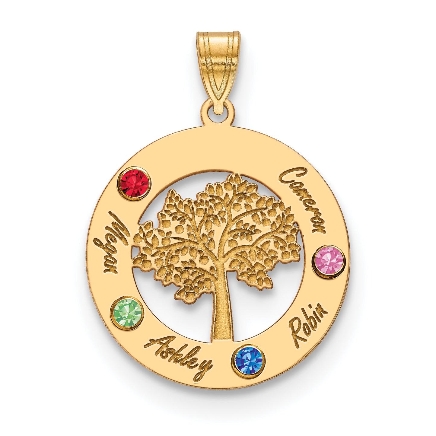 10K Yellow Gold Family Tree in Circle 4 Names and Birthstones w/ 14k Bezel Pendant