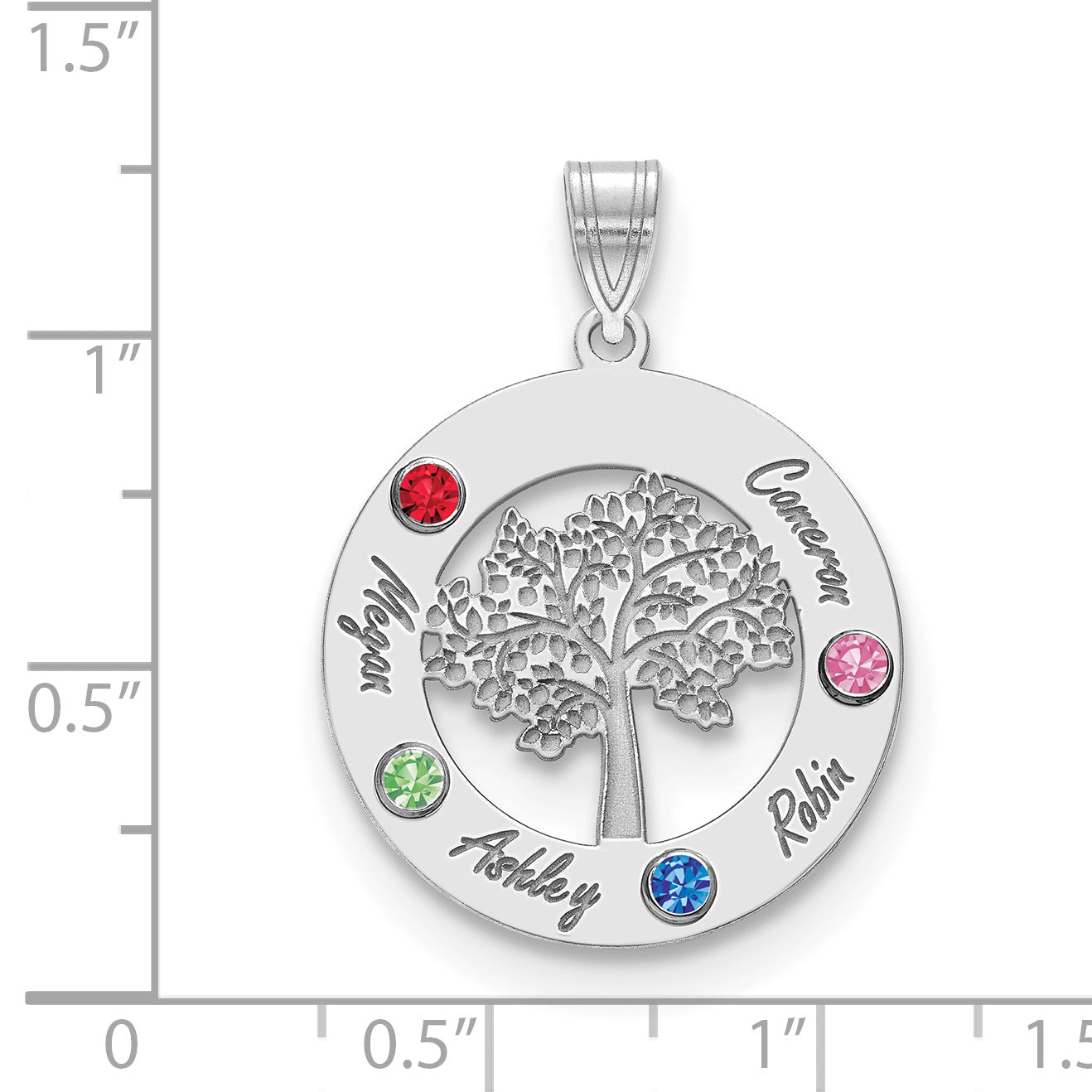 Sterling Silver Rhodium plated Family Tree in Circle with 4 Names and Birthstones Pendant