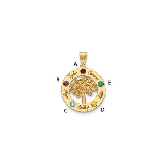 10K Yellow Gold Family Tree in Circle 5 Names and Birthstones w/ 14k Bezel Pendant