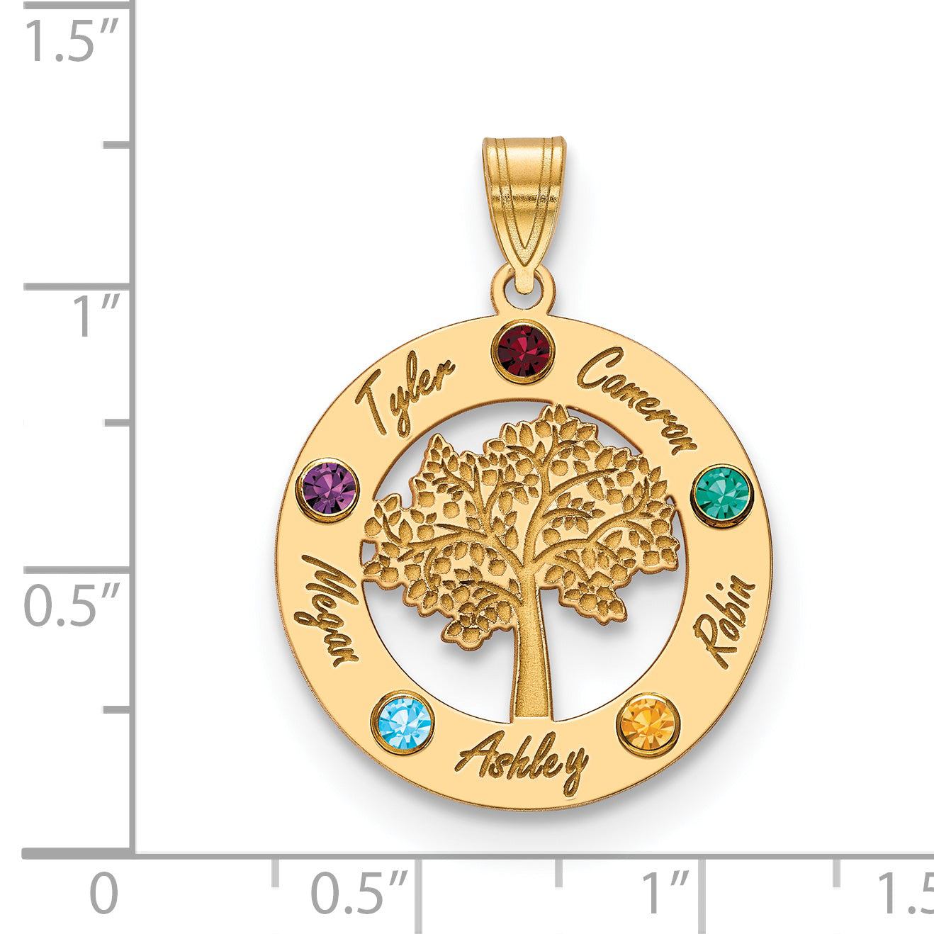 Sterling Silver Gold Plated Family Tree in Circle with 5 Names and Birthstones Pendant