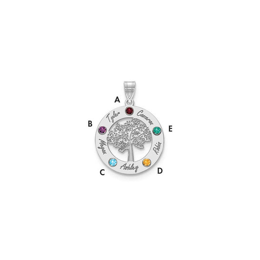 10K White Gold Family Tree in Circle 5 Names and Birthstones with 14k Bezel Pendant