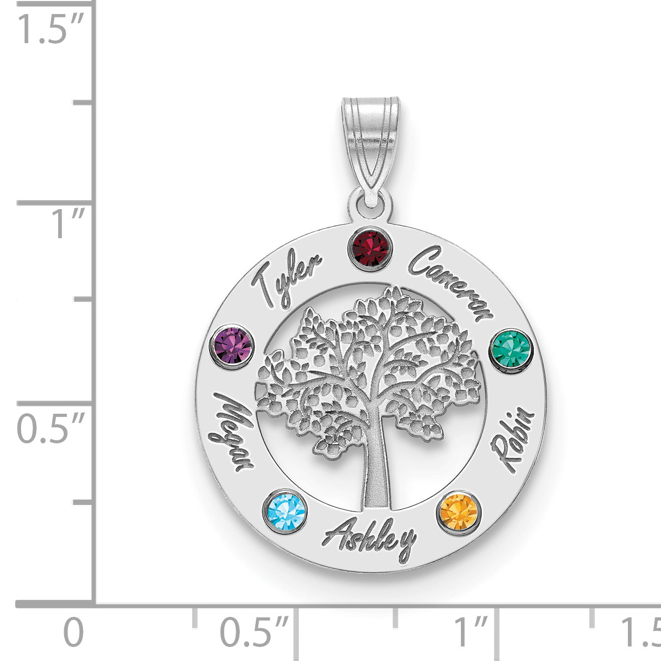 Sterling Silver Rhodium plated Family Tree in Circle with 5 Names and Birthstones Pendant