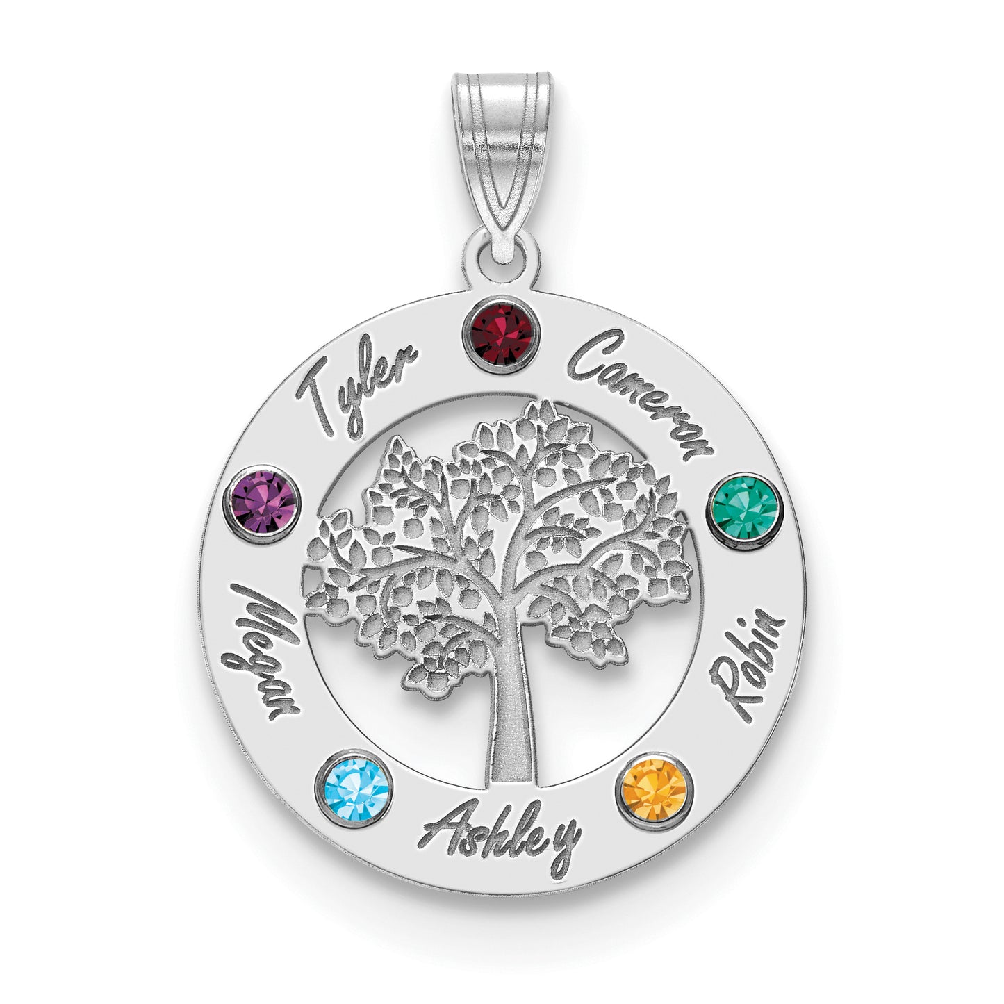 10K White Gold Family Tree in Circle 5 Names and Birthstones with 14k Bezel Pendant