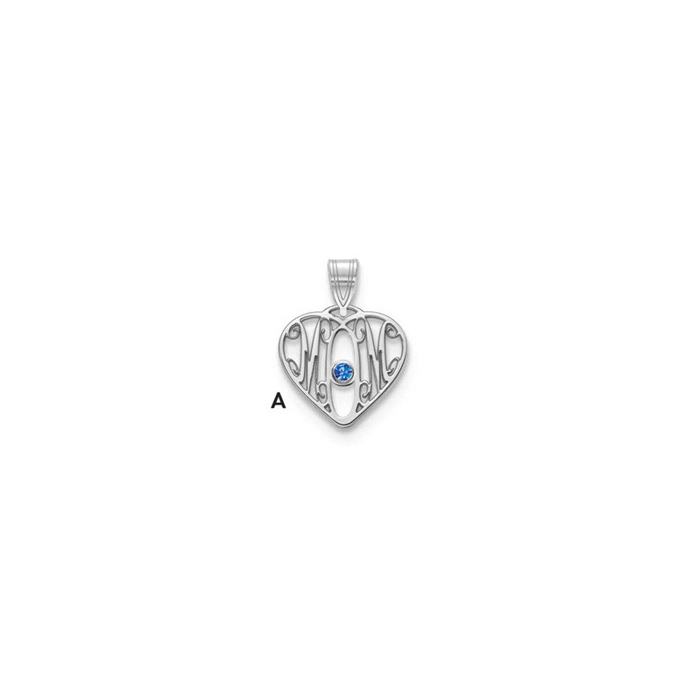 10K White Gold MOM in Heart 1 Birthstone w/18k Rhodium Plated Bezel Pendant