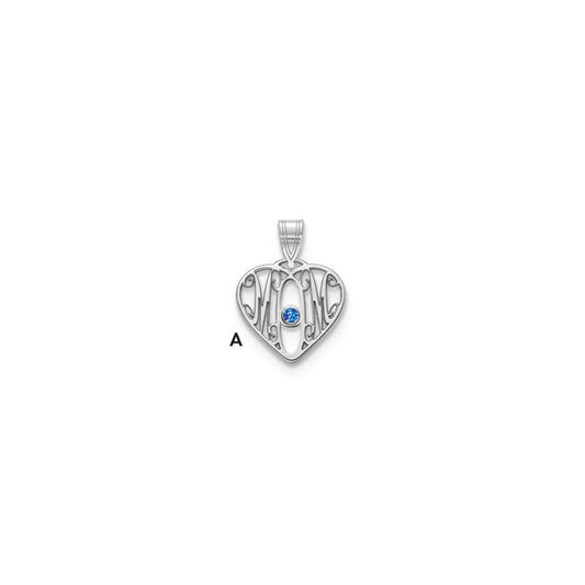 10K White Gold MOM in Heart 1 Birthstone w/18k Rhodium Plated Bezel Pendant
