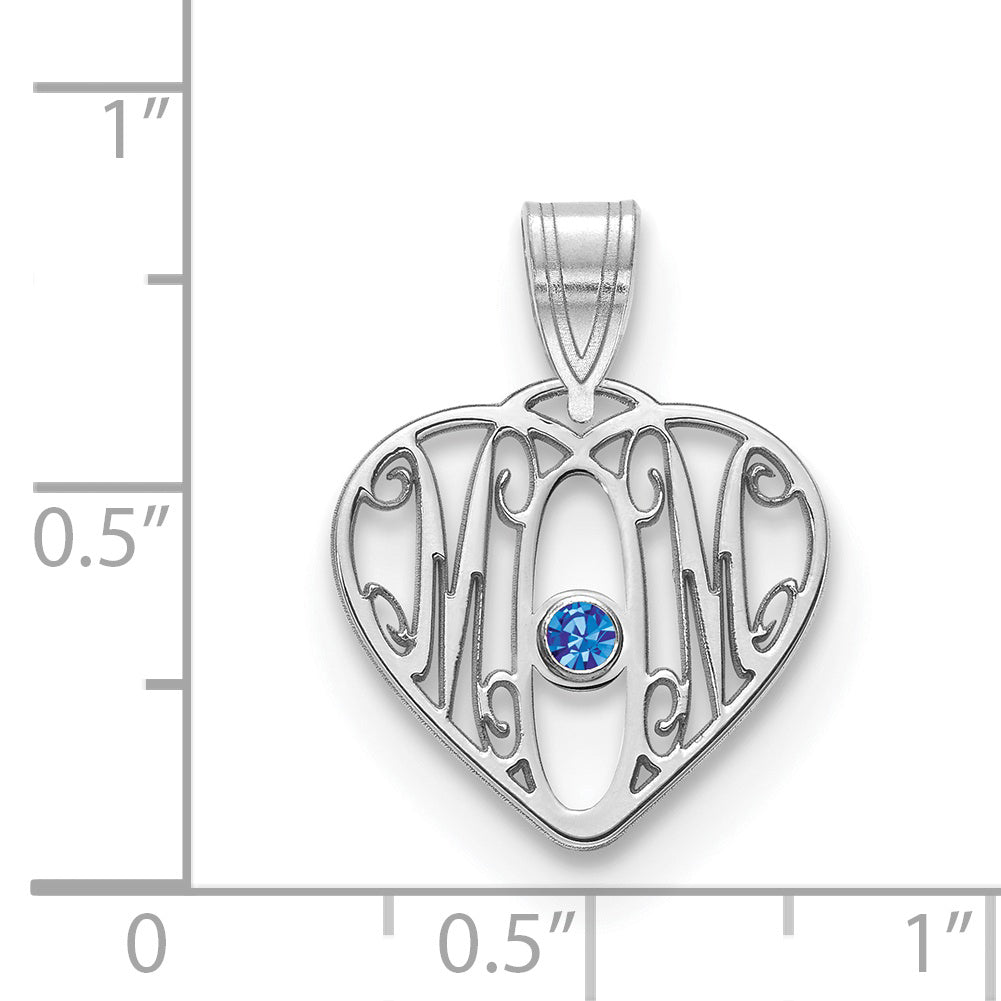 Sterling Silver Rhodium plated MOM in Heart with 1 Birthstone Pendant