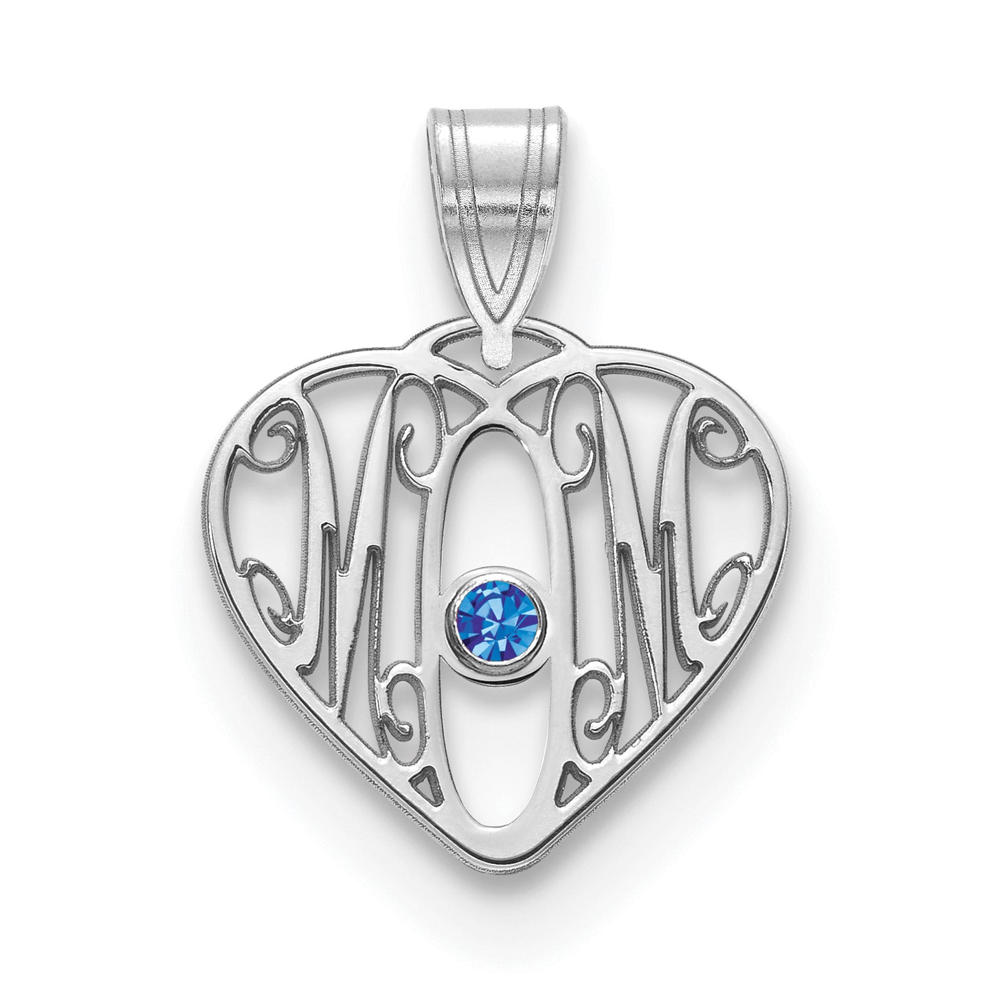 10K White Gold MOM in Heart 1 Birthstone w/18k Rhodium Plated Bezel Pendant