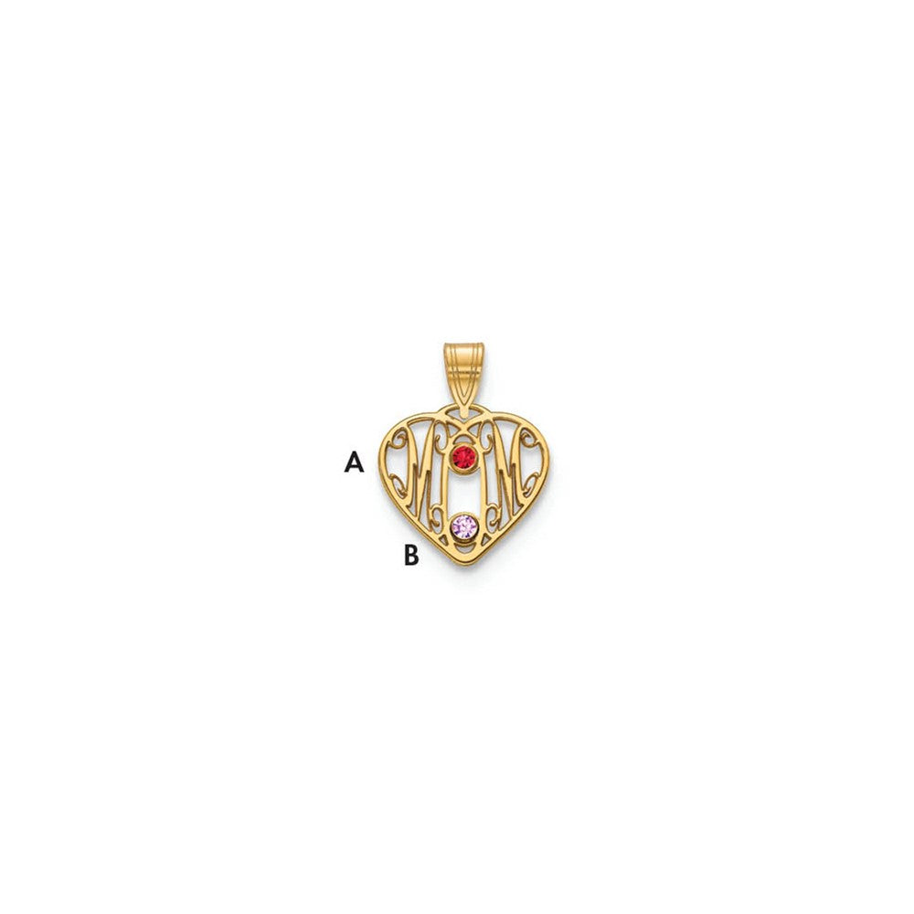 Sterling Silver Gold plated MOM in Heart with 2 Birthstones Pendant