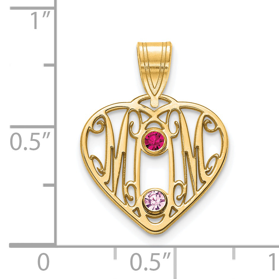 Sterling Silver Gold plated MOM in Heart with 2 Birthstones Pendant